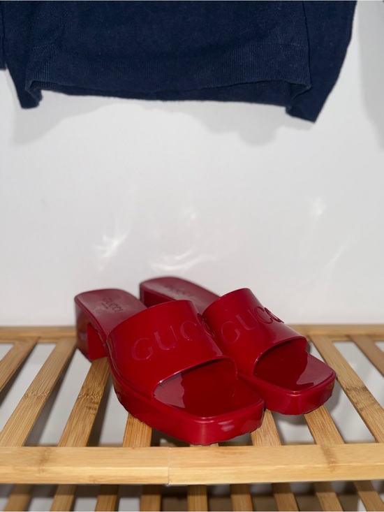 Gucci Shoes - Gucci Red Patent Platform Slide Mules